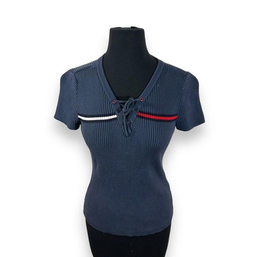 Vintage Tommy Hilfiger Ribbed‎ Tee Shirt Womens Medium Navy Blue